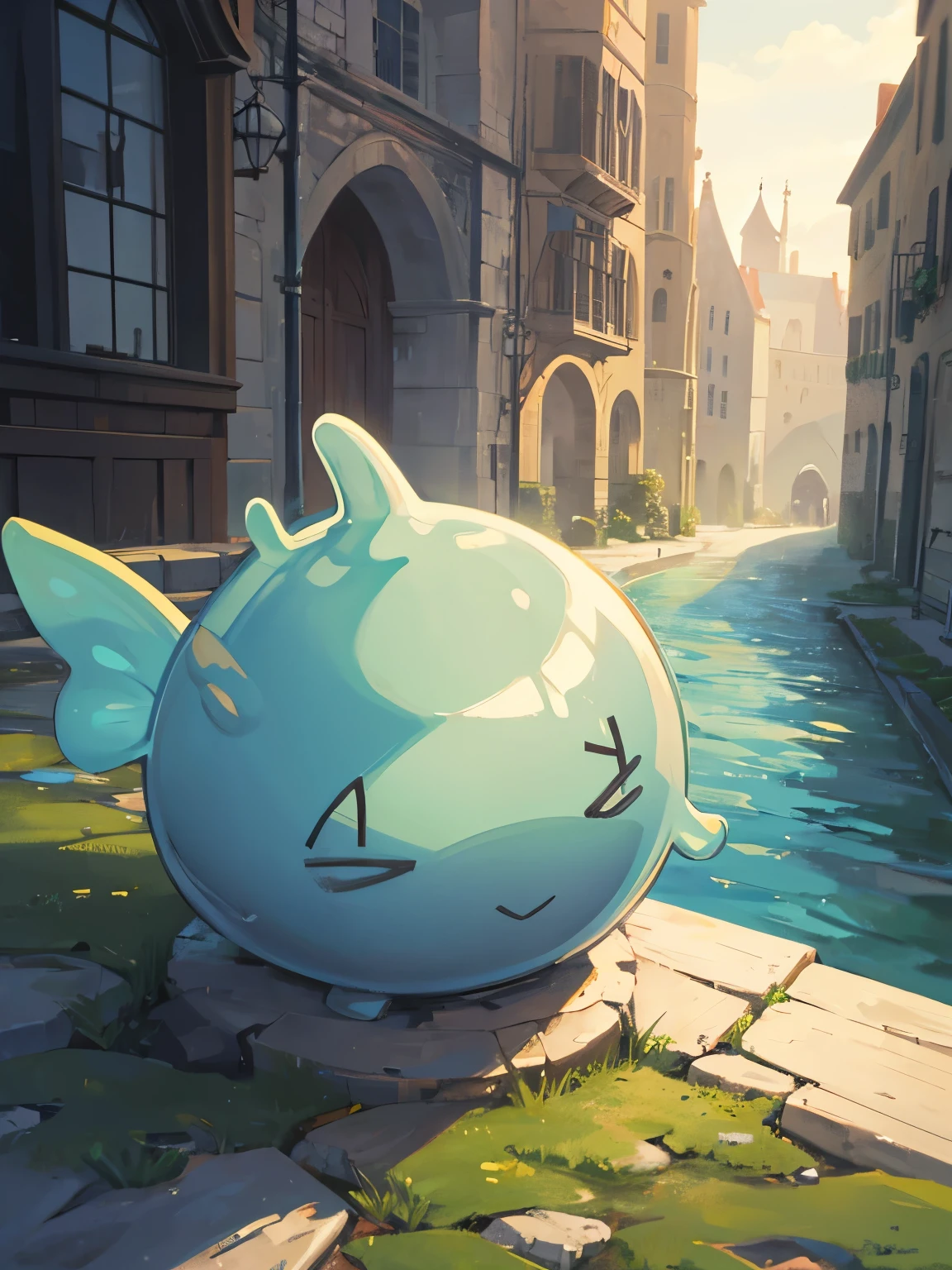 1Gray slime, 1 slime, ((no humans)), medieval city background, 1 slime circle form