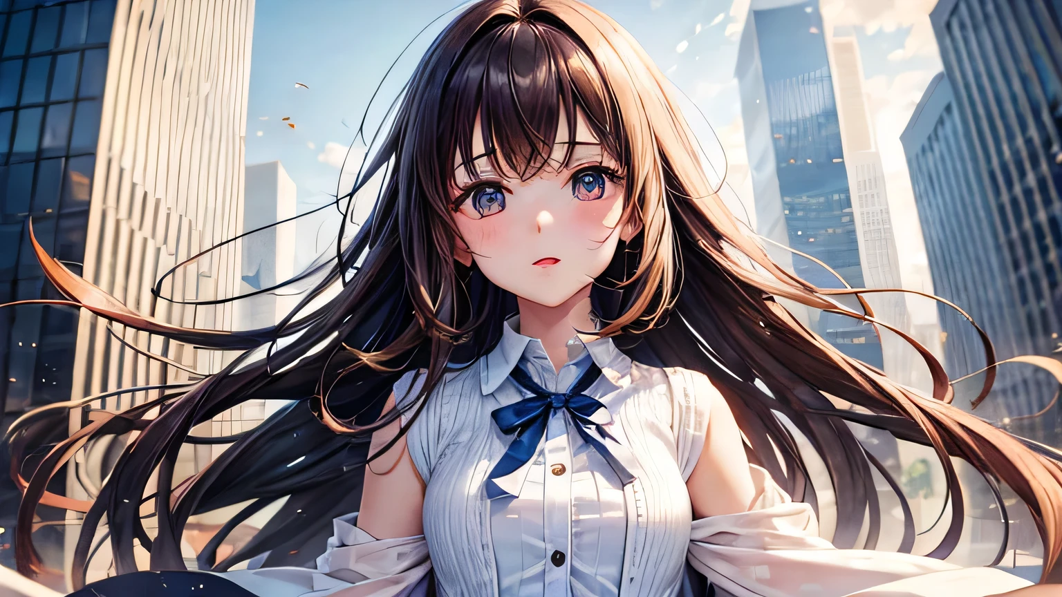 Girl in Love White dress cardigan Brown Hair long silky hair High quality and high definition facial expressions High quality and high definition hair skyscraper