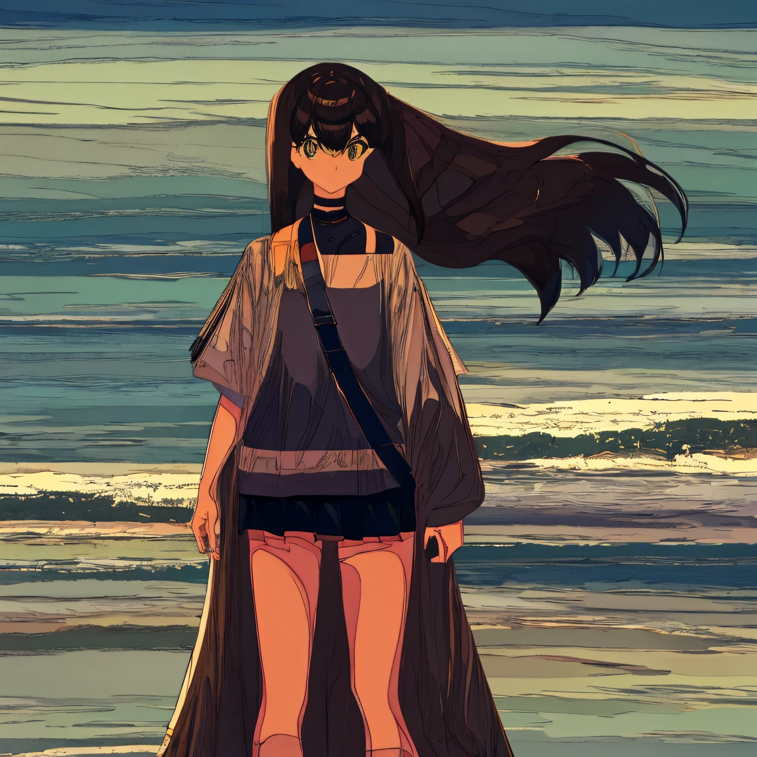 A girl with dark long brown hair, dark brown eyes, wearing a dark short shirt under a black short sleeve top, blue pants with a black belt, gray boots with white soles, and a black choker around the neck hanging to the left side