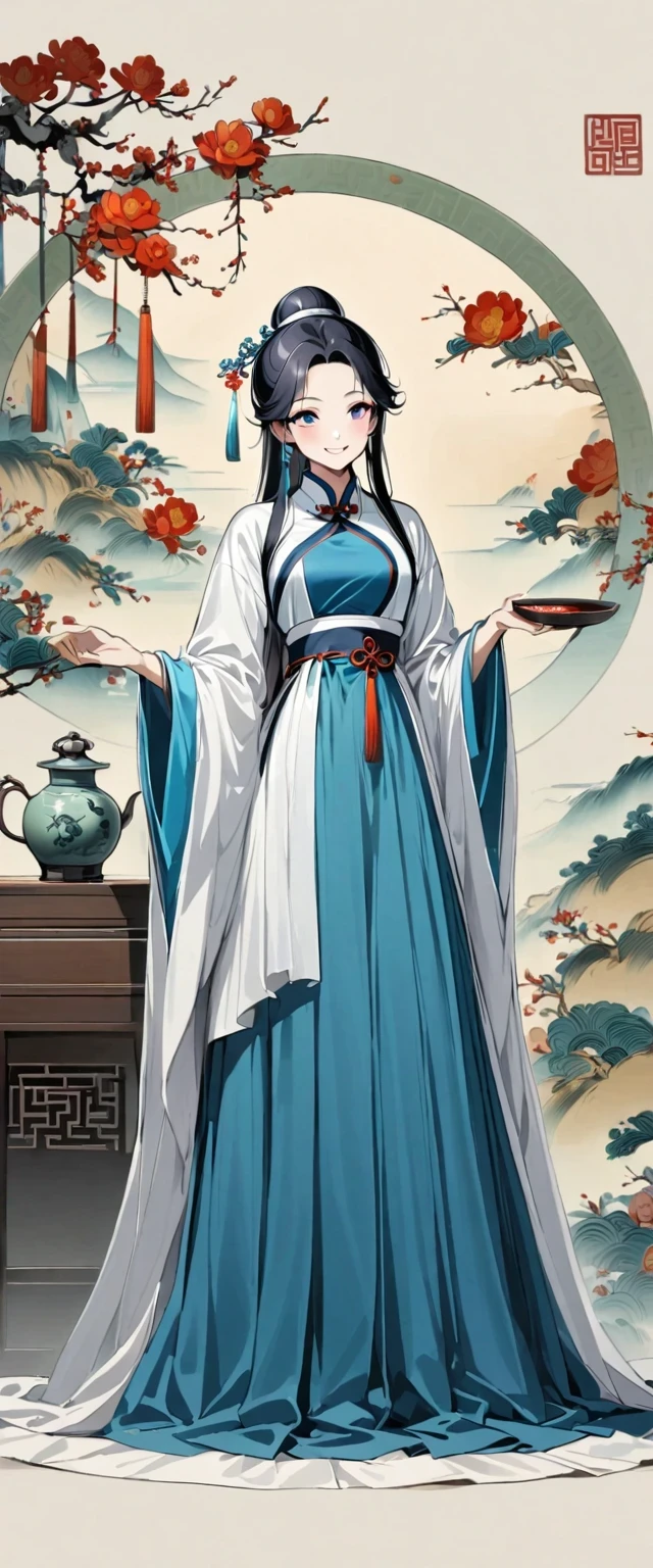 Girl in Chinese costume, Tang Dynasty, Song, Antique, Hanfu, Handmaid style, White shirt, Blue long skirt, Smile, whole body, permanent,