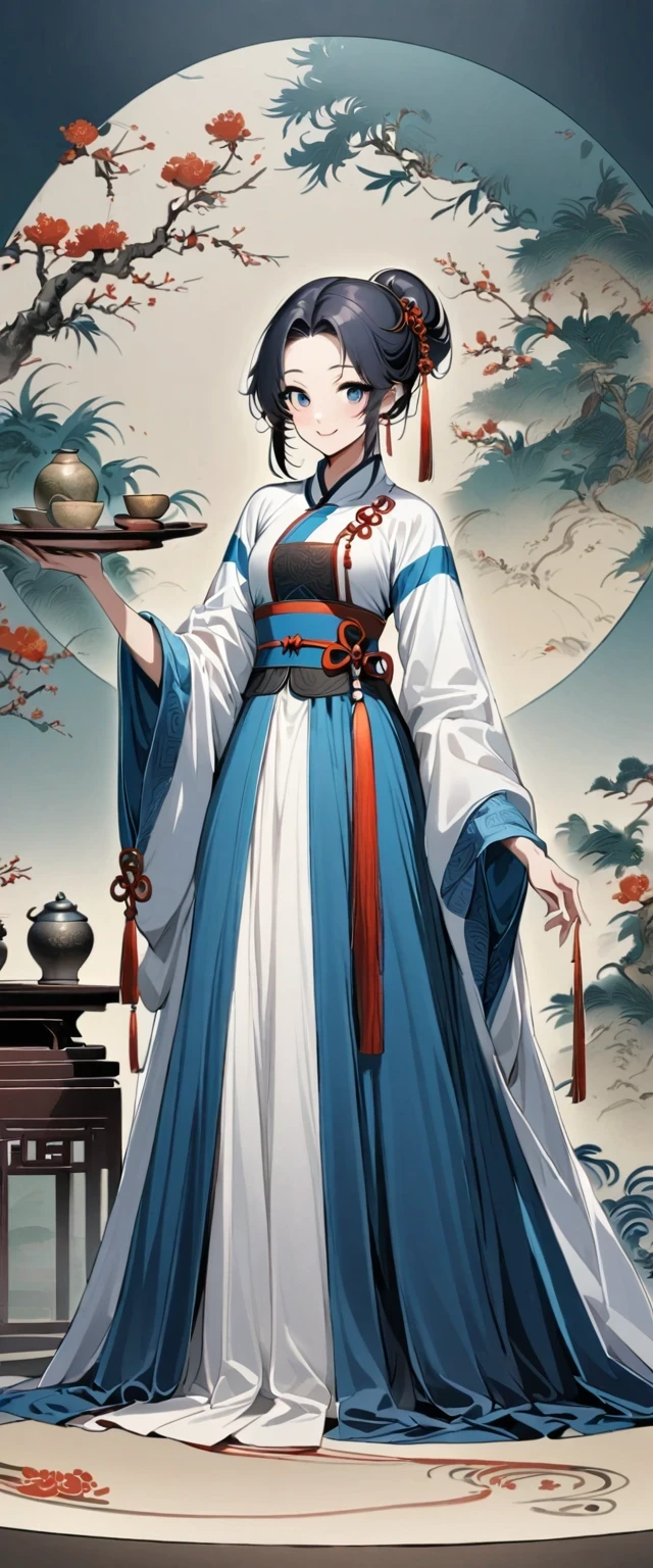 Girl in Chinese costume, Tang Dynasty, Song, Antique, Hanfu, Handmaid style, White shirt, Blue long skirt, Smile, whole body, permanent,