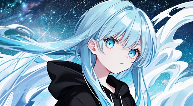 girl　Light blue hair　blue eyes　Wearing a black hoodie　Looking up at the sky　Space