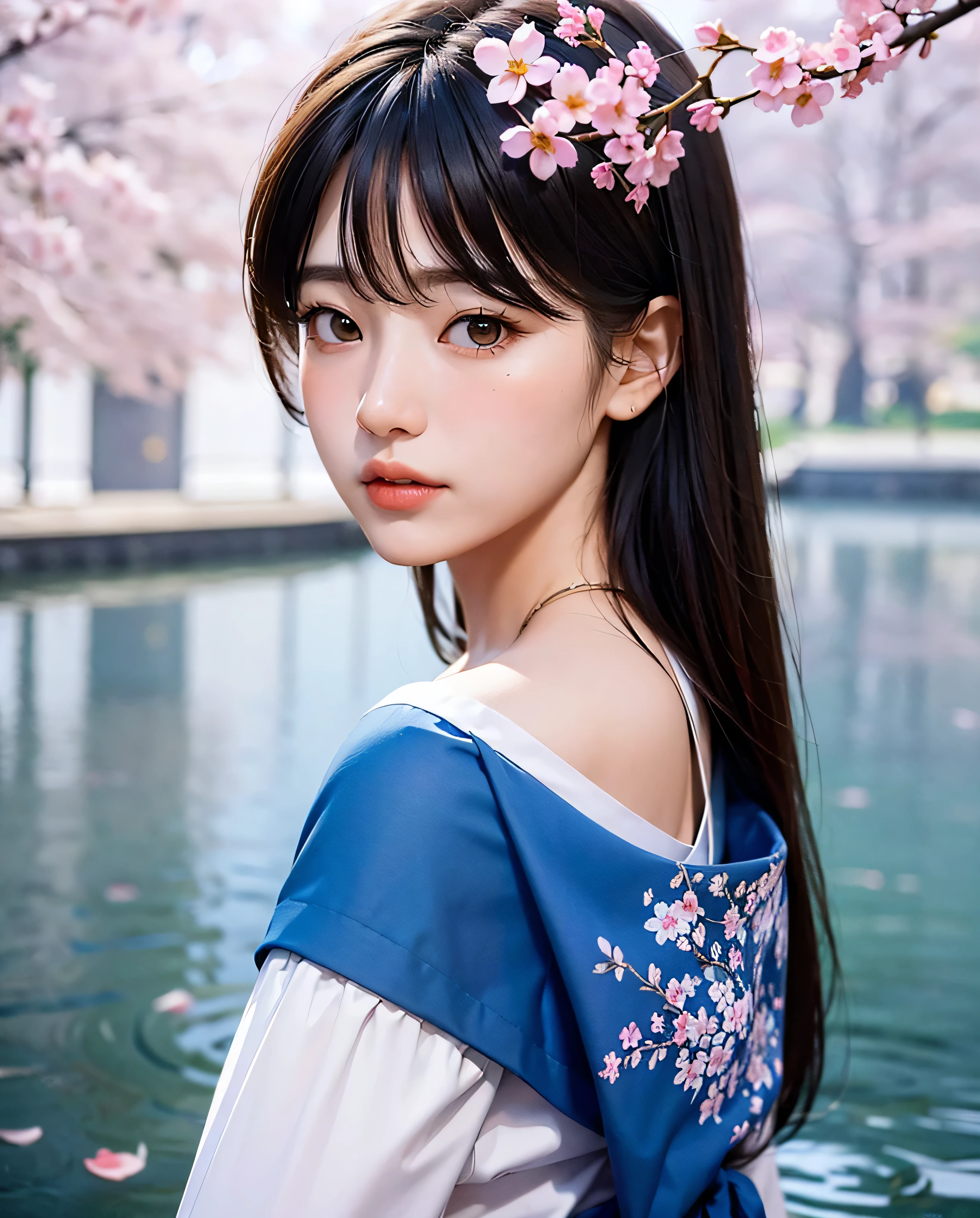 A beautiful, bored Korean teenage girl looking directly into the camera. (best quality, highres, realistic:1.37), detailed eyes, detailed lips, slight smile, flawless skin. She has long, straight black hair cascading over her shoulders. She is wearing a traditional Korean hanbok with intricate floral embroidery. The hanbok is made of vibrant silk fabric in shades of pink, purple, and blue. The girl is standing against a backdrop of a serene Korean garden with blooming cherry blossom trees and a small pond with colorful koi fish swimming. The garden is bathed in soft, golden sunlight, casting a warm glow on the girl's face. The overall color palette of the image is pastel and harmonious, emphasizing the girl's natural beauty and the peaceful atmosphere of the scene.