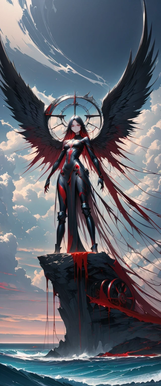 black、White、Blue and Red,(best quality, Super detailed, high resolution, Extremely detailed CG),Wide-angle lens,Dead angel standing on the edge of a cliff,She is beautiful,She likes blood and the ocean,Blood Rain, mystery,Fanatic, Wheels within wheels, Surreal,Beautifully