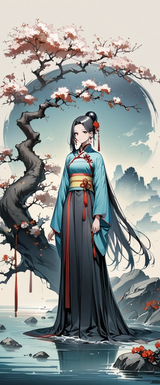 manganese,1 Girl,Solitary,Long hair,water,Black Hair,jewelry,Hair Bun,earrings,Chinese clothes,Hanfu,Hair accessories,flower,Branches,Long sleeve,skirt,rock,sash,single Hair Bun,Tree,whole body,permanent,