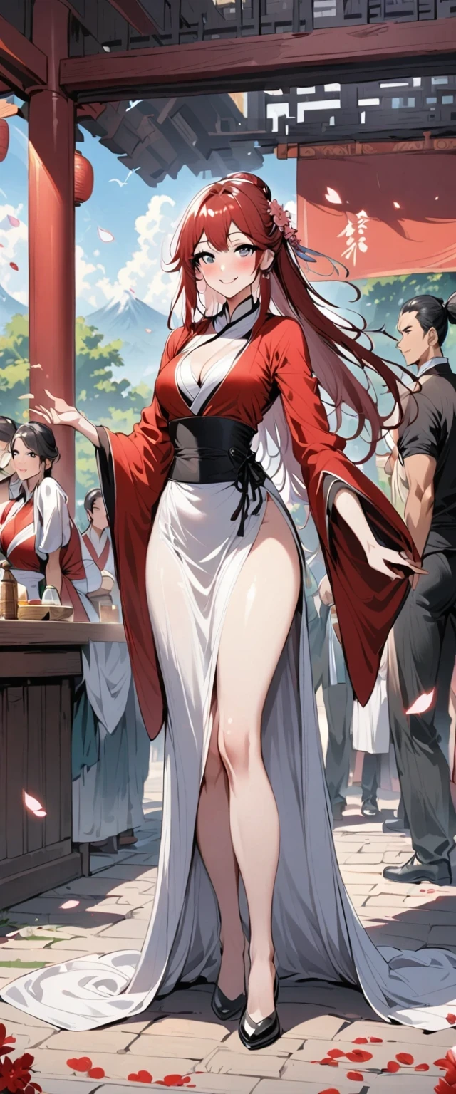 China，Tavern hostess，owner，Red Hanfu，Beautiful hair accessories，Stand up，front，Looking at the audience，Full Body Love，Standing solemnly，Smile，Spring breeze full of petals，Maximum chest，Bare thighs，Fully understand