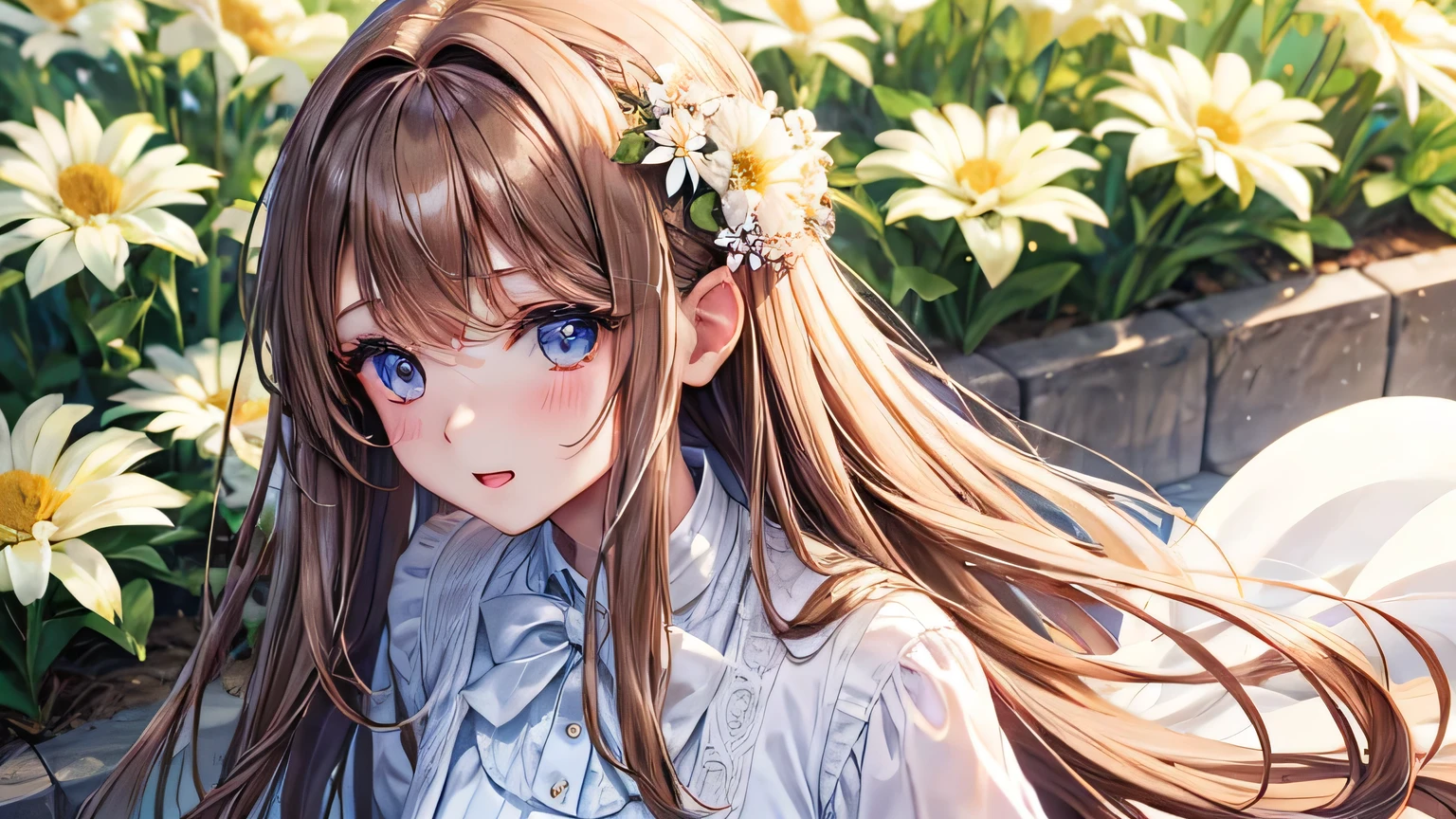 Girl in Love White dress cardigan Brown Hair long silky hair High quality and high definition facial expressions High quality and high definition hair flower