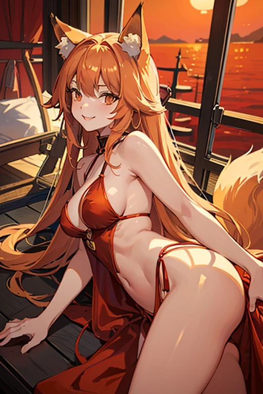 1 fox girl, fox tail, fox ears, very long hair, (seductive smile:1.2), (parted lips:0.8), cute,
bare shoulders, bare arms, armpit, (collarbone:0.7), large breasts, (underboob:0.9), sideboob, thighs,
(sideless:1.1), vietnamese yellow dress,
(leaning back:1.1), (crossed legs:1.1), on vietnamese boat, night,
sharp focus, looking at viewer, from side, (from below:0.8), dutch angle,
(light red theme:1.2), (light red tone:1.1), (orange tone:0.9), illustration, (anime coloring:1.1),
(masterpiece:1.3), (best quality:1.5), newest, (intricate details:1.2), ai-generated,