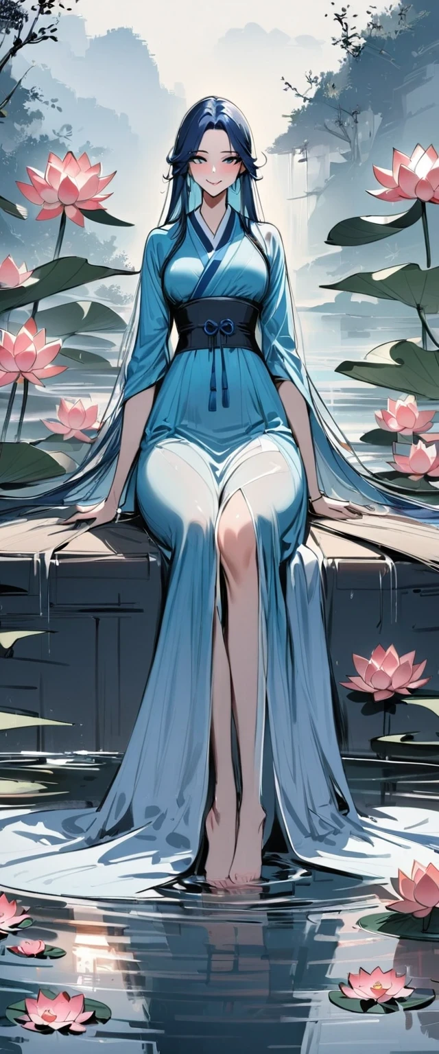 ((4K,masterpiece,best quality)), Bisim, Traditional Chinese ink painting, lotus, Hanfu, maxiskit, Dress conservatively 1girl, Solitary, Blue long hair, Smile, permanent, Feet in water, barefoot,