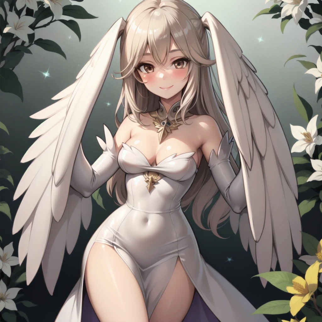 haprycpt, winged arms, harpy, feather tails, solo, 1girl, looking at viewer, smile, blush, medium breasts, beige hair, pompadour, brown eyes, beautiful detailed face, ultra detailed eyes, silver feathers, glittering light, Eucalyptus_seeded \(flower\), floral background, ((Long Hair))