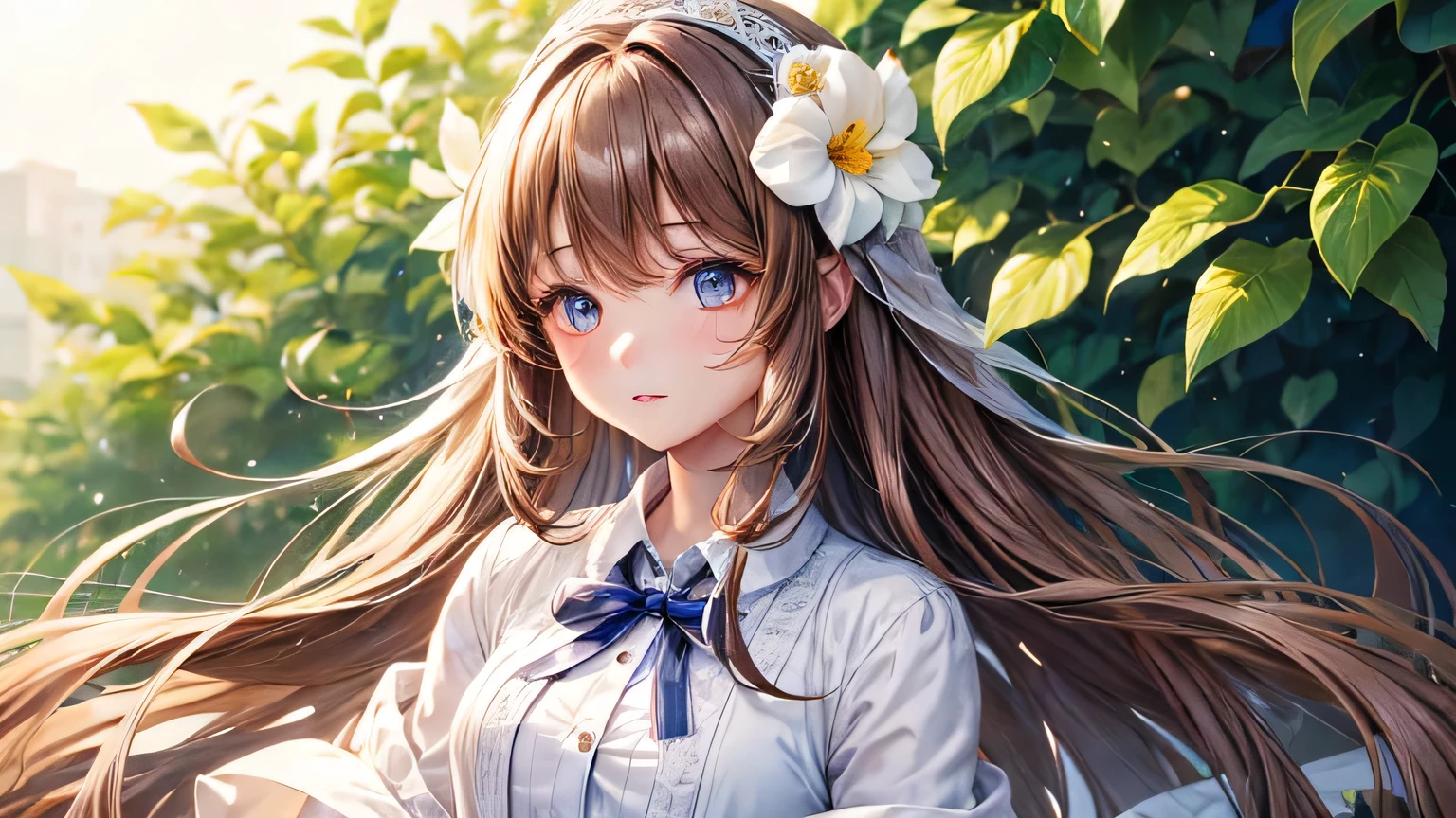 Girl in Love　White dress　cardigan　Brown Hair　long silky hair　High quality and high definition facial expressions　High quality and high definition hair　flower