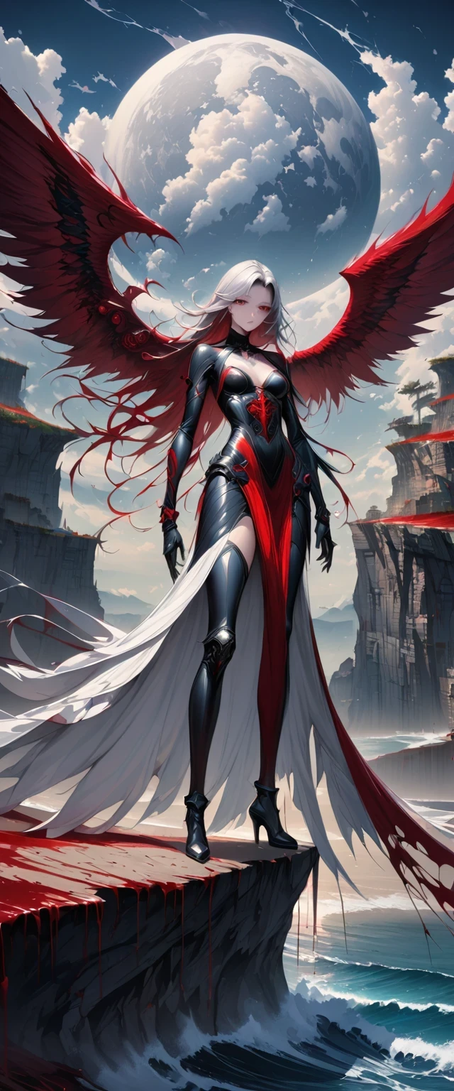 black、White、Blue and Red,(best quality, Super detailed, high resolution, Extremely detailed CG),Wide-angle lens,Dead angel standing on the edge of a cliff,She is beautiful,She likes blood and the ocean,Blood Rain, mystery,Fanatic, Wheels within wheels, Surreal,Beautifully