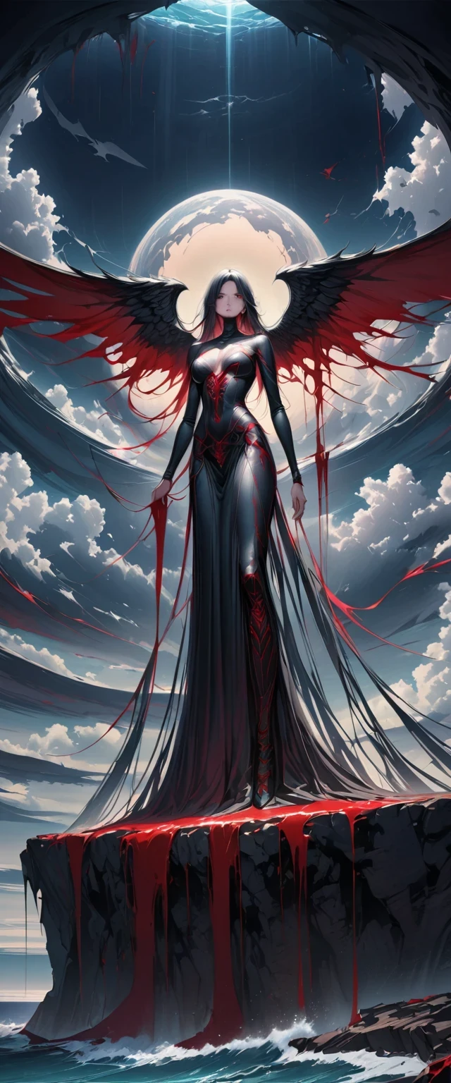 black、White、Blue and Red,(best quality, Super detailed, high resolution, Extremely detailed CG),Wide-angle lens,Dead angel standing on the edge of a cliff,She is beautiful,She likes blood and the ocean,Blood Rain, mystery,Fanatic, Wheels within wheels, Surreal,Beautifully