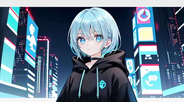 girl Light blue hair blue eyes Wearing a black hoodie and looking up at the sky Space Cyberpunk City