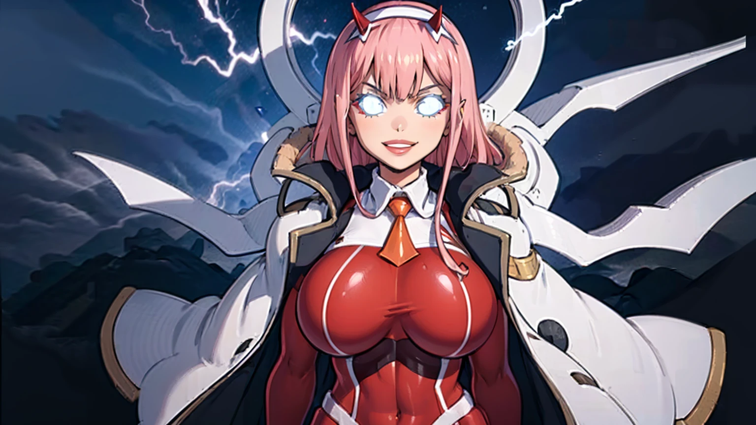 masterpiece, best quality, IncrsLowTier, electricity, glowing eyes zerotwo horns, hairband, necktie, red dress, pantyhose horns, hairband, red bodysuit, armlet, mecha horns, hairband, white bodysuit, white gloves, cap, red dress, white gloves, jacket on shoulders, pantyhose, cyber_armor body_suit,huge_breast, tall female, fulll body, sun light, smile,, sun aura,, boots, standing, smile, lips, red lips,,,{best quality}, {amazing quality} {best quality},{amazing quality},, {absurdres},{{highres}}, {very aesthetic}, {detailed}, curvy, tall, huge breast, character focus, white background,full-length portrait,, huge hips, huge muscles, huge thighs, curvaceous, venus figure,full body, full portrait