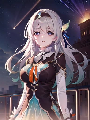 (masterpiece:1.3),((High resolution)),((high quality)),((Super detailed))、One girl、Perfect balance、((Upper Body:1.5))、Perfect Face、Detailed face、Cute face、beautiful詳細な目、Expressive eyes、Cute eyes、Shiny eyes、Perfect body、beautiful体、honkaiFirefly, fire Fly, (Purple eyes:1.3), Grey Hair, 蝶のhair ornaments, hair ornaments, Hair intake, Long Hair, (Bright Eyes:1.5), shoes下, 青色のdress, 青色のshoes下,((Large Breasts)) ((Orange ribbon:1.5))、dress, shoes, shoes下, ツートーンdress, ツートーンshoes下, ホワイトdress, Long sleeve, hair band, (head shot)、Embarrassing、blush、beautiful女の子、Cute face、beautiful顔、Cute face、beautiful、Best Quality、Good anatomy、((smile:1.5))、((Super detailedな背景)), Outdoor, Day, blue sky, ((Meteor shower sky))、Sky Light , Mistress Pose, ((8K Wallpaper)) , Watching the audience, Moody lighting, In-person audience