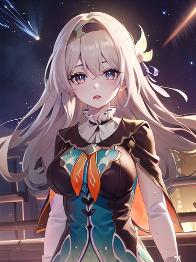 (masterpiece:1.3),((High resolution)),((high quality)),((Super detailed))、One girl、Perfect balance、((Upper Body:1.5))、Perfect Face、Detailed face、Cute face、beautiful詳細な目、Expressive eyes、Cute eyes、Shiny eyes、Perfect body、beautiful体、honkaiFirefly, fire Fly, (Purple eyes:1.3), Grey Hair, 蝶のhair ornaments, hair ornaments, Hair intake, Long Hair, (Bright Eyes:1.5), shoes下, 青色のdress, 青色のshoes下,((Large Breasts)) ((Orange ribbon:1.5))、dress, shoes, shoes下, ツートーンdress, ツートーンshoes下, ホワイトdress, Long sleeve, hair band, (head shot)、Embarrassing、blush、beautiful女の子、Cute face、beautiful顔、Cute face、beautiful、Best Quality、Good anatomy、((smile:1.5))、((Super detailedな背景)), Outdoor, Day, blue sky, ((Meteor shower sky))、Sky Light , Mistress Pose, ((8K Wallpaper)) , Watching the audience, Moody lighting, In-person audience