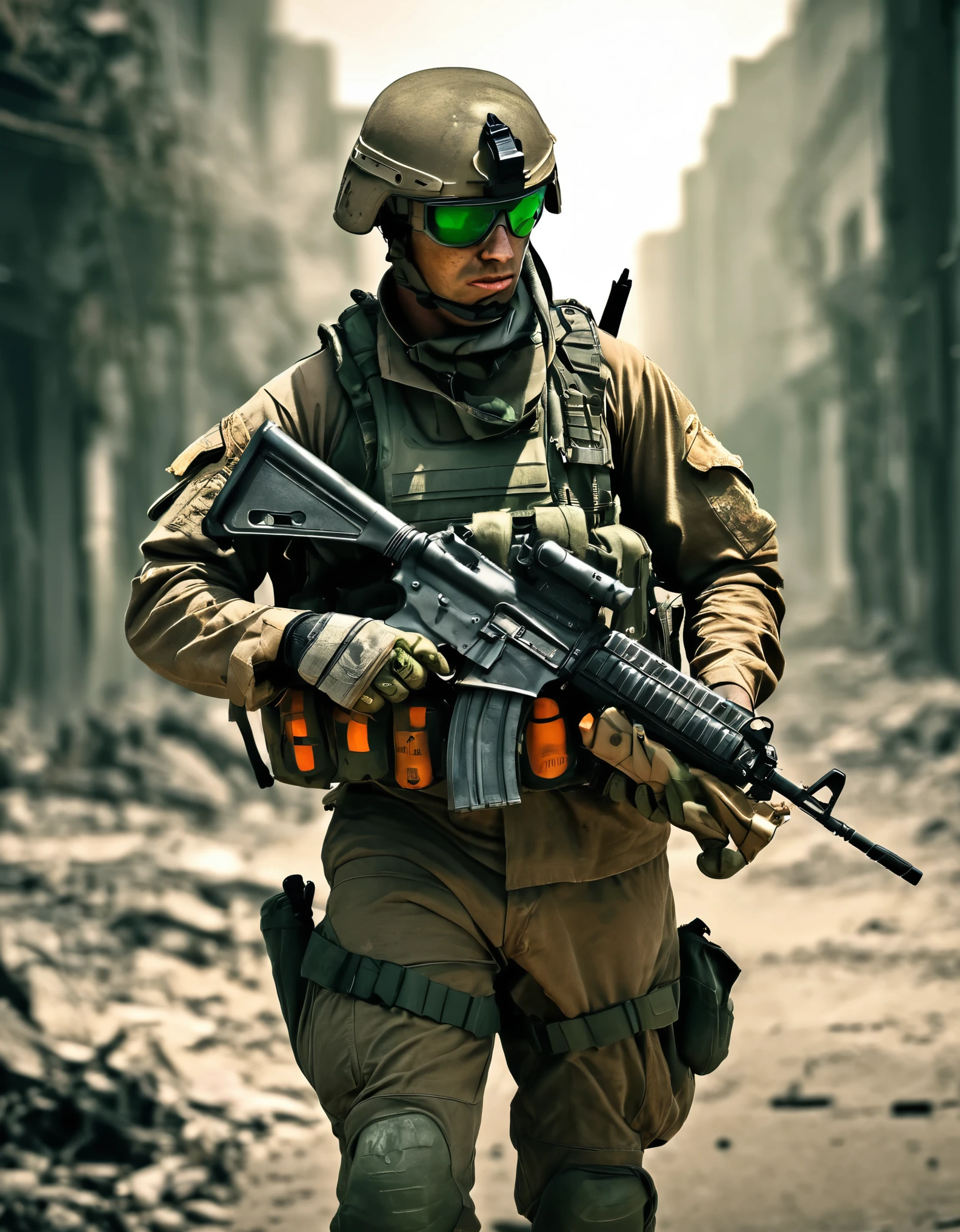 (best quality,highres,ultra-detailed,realistic:1.2),a Brazilian soldier with an orange nuclear suit,holding an AK47,urban warfare,bulletproof vest,military helmet,olive green camouflage uniform,rugged boots,emblem of the Brazilian army,multi-pocket tactical vest,night vision goggles,tactical gloves,combat stance,grim expression,sweating in the intense heat,conflict zone,destroyed buildings,smoke and dust in the air,devastated urban landscape,sunburnt skin,beads of sweat on the soldier's forehead,tension and anticipation,sharp focus,dynamic composition,artistic lighting,vivid colors,gritty texture,war photography