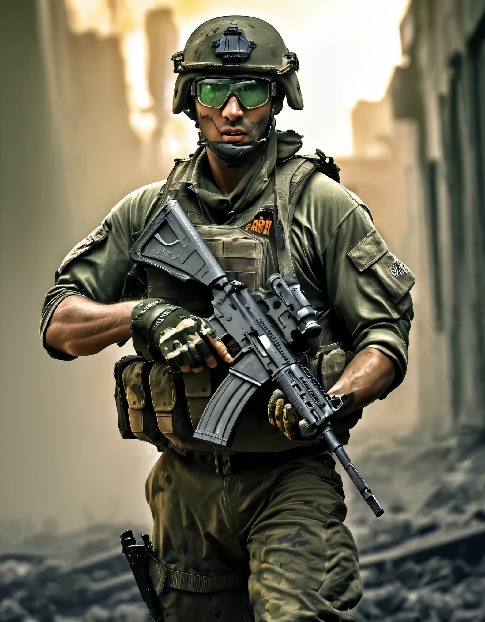 (best quality,highres,ultra-detailed,realistic:1.2),a Brazilian soldier with an orange nuclear suit,holding an AK47,urban warfare,bulletproof vest,military helmet,olive green camouflage uniform,rugged boots,emblem of the Brazilian army,multi-pocket tactical vest,night vision goggles,tactical gloves,combat stance,grim expression,sweating in the intense heat,conflict zone,destroyed buildings,smoke and dust in the air,devastated urban landscape,sunburnt skin,beads of sweat on the soldier's forehead,tension and anticipation,sharp focus,dynamic composition,artistic lighting,vivid colors,gritty texture,war photography