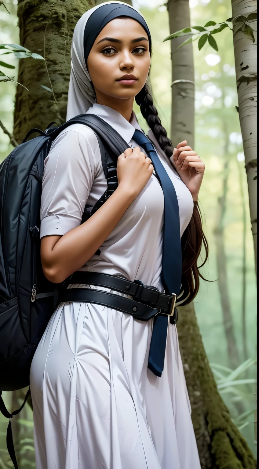 RAW, Best quality, high resolution, masterpiece: 1.3), beautiful Malay school girl in hijab (iu:0.8) and wearing white frock and tie , uniform,Best quality, high resolution, Masterpiece: 1.3, Beautiful  hijabi malay girl, Masterpiece, Soft smile, Realistic, 1girl, charming eyes, glowing eyes,parted lips, big breast, Beautiful adult woman in hijap, full-length, beautiful figure, aesthetics of the female body, savage from the islands, hunter of mysterious creatures, observing the creature, in ambush, studying the creature found, in ranger clothes, with a large backpack, detailed clothes, many pockets, many belts, everything is hung with gadgets, catches small mysterious creatures, hunts small creatures, mysterious forest, beautiful forest, nature surrounded by flowers,  tender leaves and branches surrounded by fireflies (natural elements), (jungle theme), (leaves), (branches), (fireflies), (particle effects), etc.3D Octane rendering, ray tracing, super detailing viewer, closeup