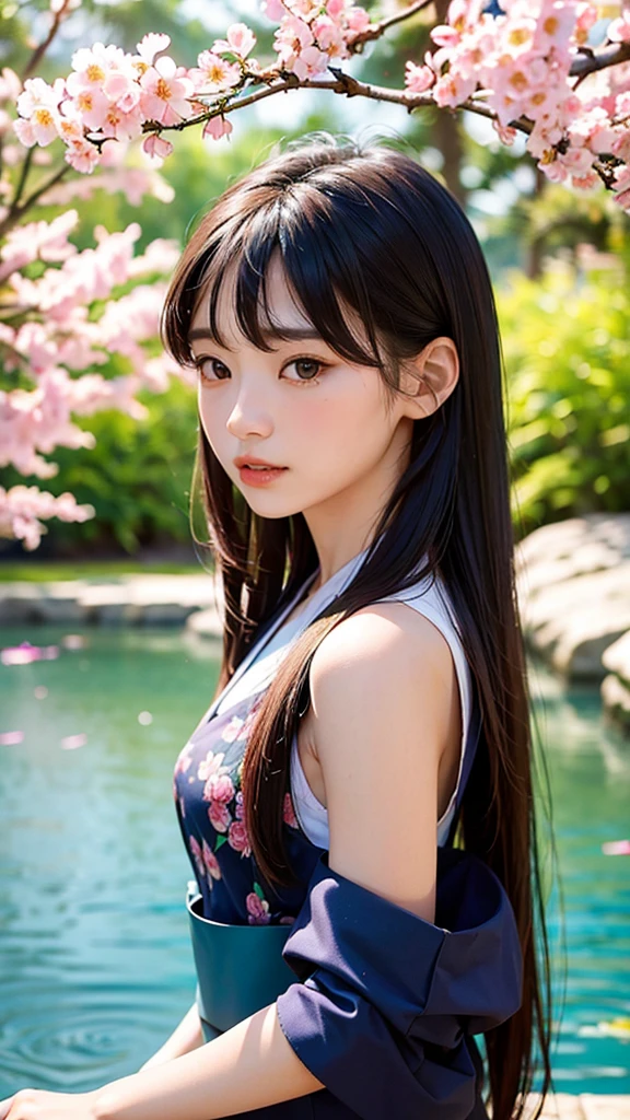 A beautiful, bored Korean teenage girl looking directly into the camera. (best quality, highres, realistic:1.37), detailed eyes, detailed lips, slight smile, flawless skin. She has long, straight black hair cascading over her shoulders. She is wearing a traditional Korean hanbok with intricate floral embroidery. The hanbok is made of vibrant silk fabric in shades of pink, purple, and blue. The girl is standing against a backdrop of a serene Korean garden with blooming cherry blossom trees and a small pond with colorful koi fish swimming. The garden is bathed in soft, golden sunlight, casting a warm glow on the girl's face. The overall color palette of the image is pastel and harmonious, emphasizing the girl's natural beauty and the peaceful atmosphere of the scene.