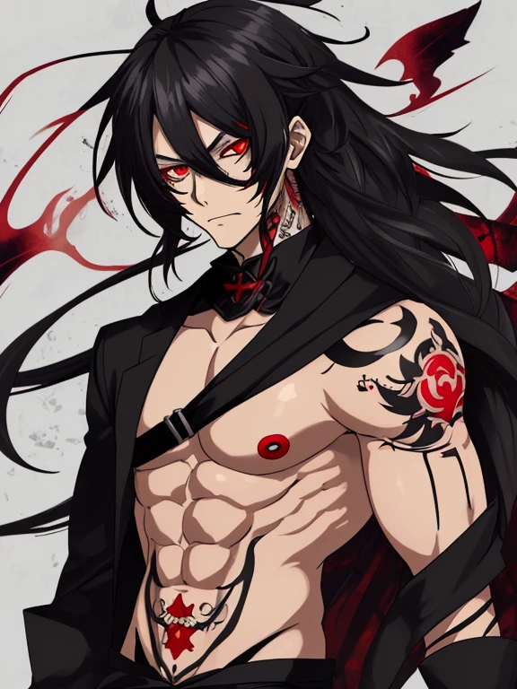 Anime male, sukuna , red eye black pupil  , dark , squinty eye , black hair , tattoo , muscular , slightly tempered , long hairs thick 