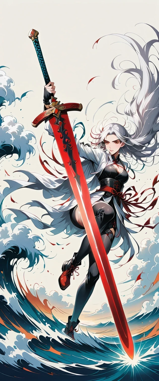 Chinese swordsman,Simple lines,Abstract Art,Holding a red long sword,
