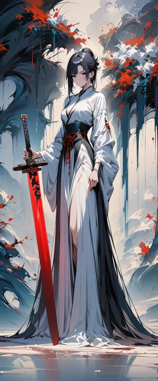 (masterpiece, best quality:1.2), 1 Girl, Solitary,Chinese swordsman,Abstract Art,Holding a red long sword,