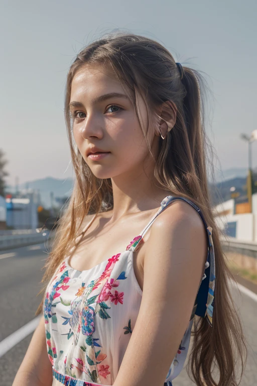 Masterpiece, white skin, textured skin, super detail, high details, high quality, 8k, nice pose, road night background, dark shadow, less light, nature light, side lighting to face beautifull ((14 years old girl))