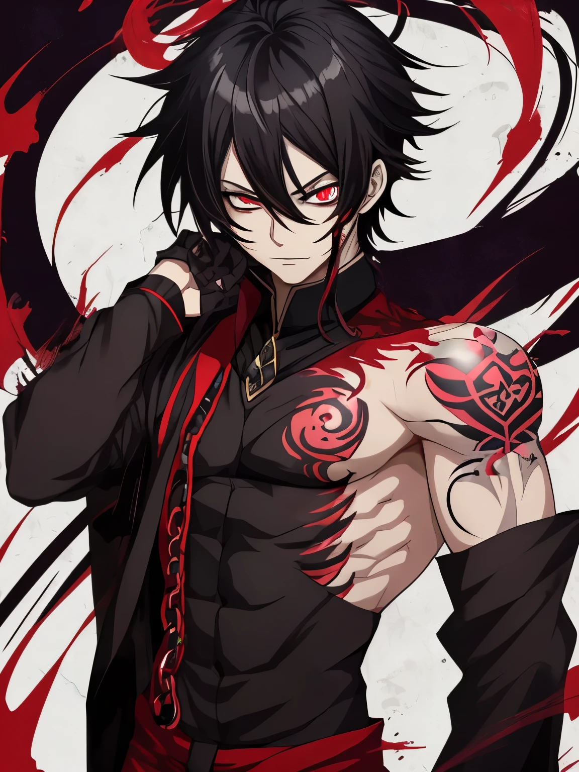 Anime male, sukuna , red eye black pupil  , dark , squinty eye , black hair , tattoo , muscular 