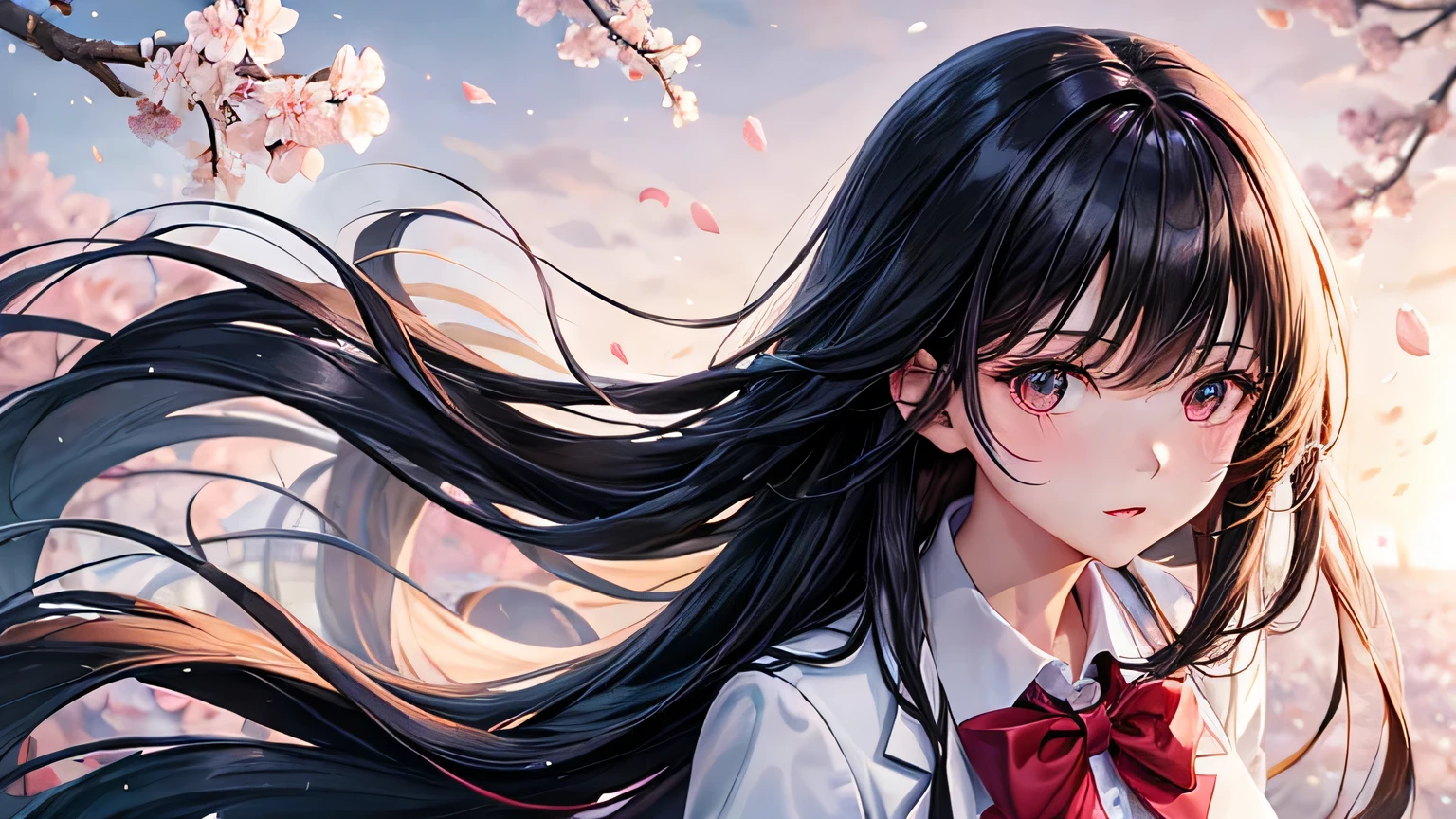 Girl in Love　White dress　high school student　uniform　blazer　Black Hair　long silky hair　High quality and high definition facial expressions　High quality and high definition hair　cherry blossoms