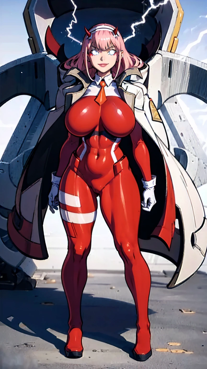 masterpiece, best quality, IncrsLowTier, electricity, glowing eyes zerotwo horns, hairband, necktie, red dress, pantyhose horns, hairband, red bodysuit, armlet, mecha horns, hairband, white bodysuit, white gloves, cap, red dress, white gloves, jacket on shoulders, pantyhose, cyber_armor body_suit,huge_breast, tall female, fulll body, sun light, smile,, sun aura,, boots, standing, smile, lips, red lips,,,{best quality}, {amazing quality} {best quality},{amazing quality},, {absurdres},{{highres}}, {very aesthetic}, {detailed}, curvy, tall, huge breast, character focus, white background,full-length portrait,, huge hips, huge muscles, huge thighs, curvaceous, venus figure,full body, full portrait