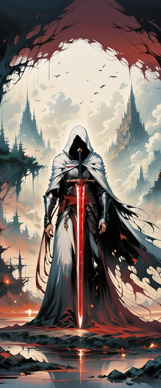 a man in a cloak holding a sword in a dark black and Red forest, hold sword in the forest, Glowing sword (Red),dark fantasy style art, Dark Fantasy Artwork, 8K Fantasy Art, dark fantasy style, fantasy art 4k, Epic fantasy art style HD, Dark Fantasy Art, Dark fantasy concept art, Epic fantasy digital art style, in style of Dark Fantasy Art, Glowing sword in hand