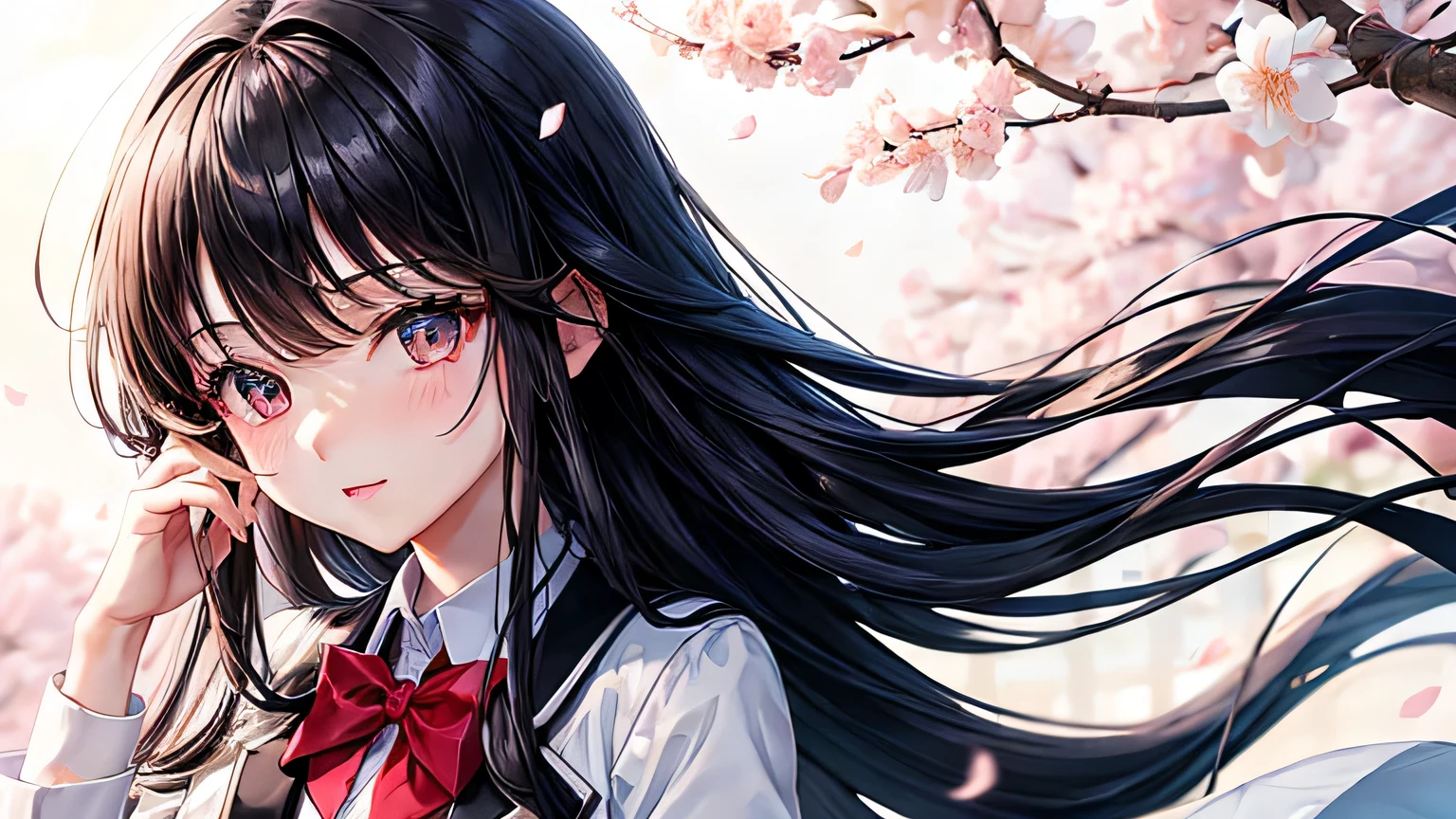 Girl in Love　White dress　high school student　uniform　blazer　Black Hair　Long Hair　High quality and high definition facial expressions　High quality and high definition hair　cherry blossoms