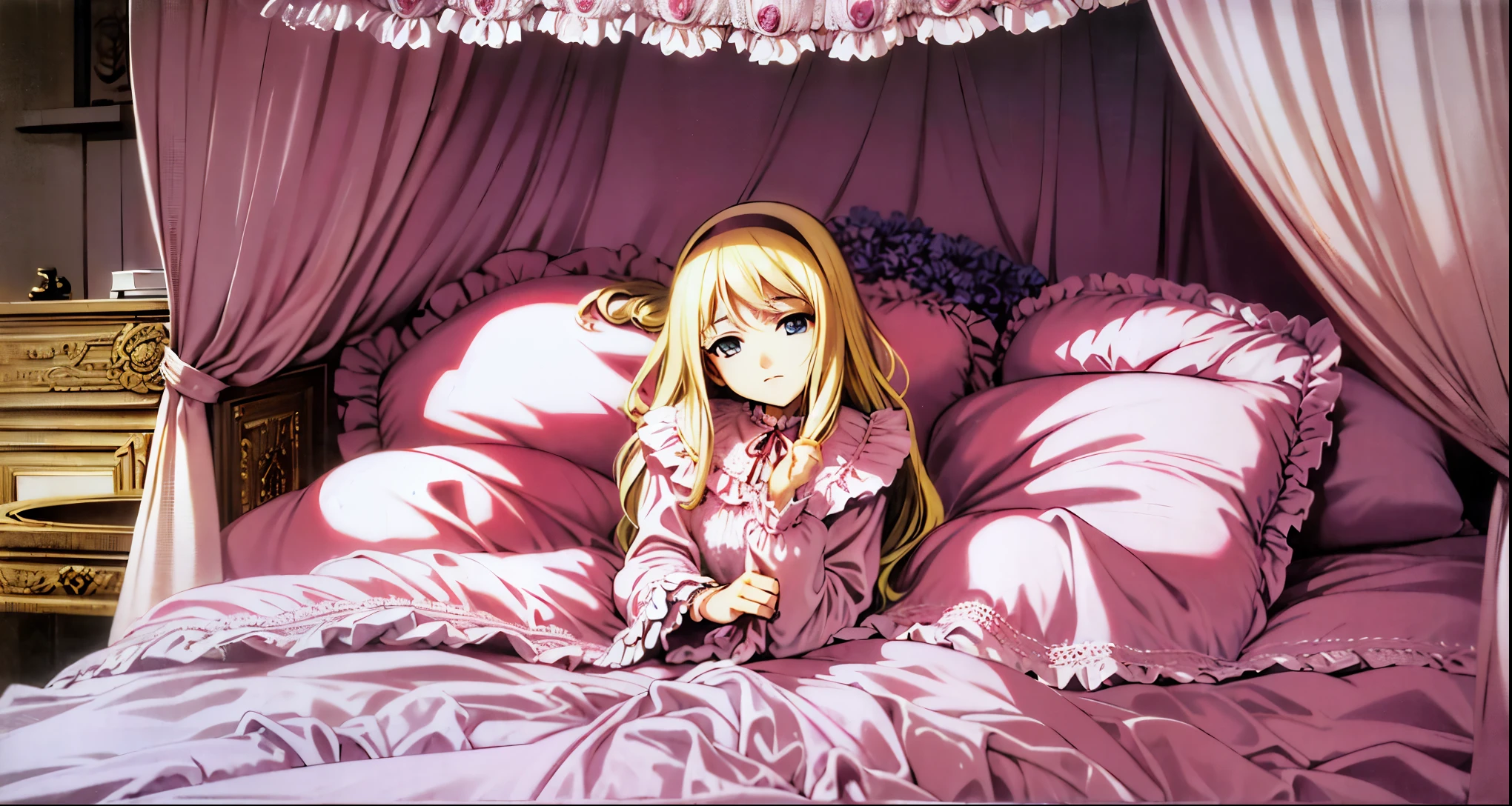 ,highest quality, masterpiece, Highest Resolution, artwork, super それにGet used to it, many Get used to it, Get used to it, それにGet used to it, 3K anime illustrations,(( 10 year old girl)),Super detailed baby face,high quality small face,long blonde hair that grows to the waist,blue eyes,白い肌のEuropean,pajamas, European,(((Super long blonde hair))),Curly Hair,blue eyes,((((ピンクのロリータファッションのLong skirtのワンピースドレス)))),((A pink nightgown with lots of frills and ribbons)),((A gorgeous headdress with frills and ribbons)),Detailed headdress,,(((Large yoke collar))),Yoke collar with ruffles and bow,((((Long sleeve)))),Ruffle sleeves,((((Long skirt)))),White ruffle and lace socks,Large frill and ribbon pillow,(((Nice pink outfit))),豪華なCanopy bedの上,Canopy bed,The bed is surrounded by luxurious curtains.,There were a lot of frilly pillows on the bed.,There are a lot of frilly pillows behind the girl.,Highly detailed background,Detailed bed,Soft pink comforter,Very fine soft frilly pillow,Beautiful girl illustration,Beautiful face in every detail,Thin Hair,Detailed eyes ,Detailed eyess,Mouth details, Arm details,Beautiful Hands,Detailed pillow,Large bed,Illustration on the bed, ,((((Round futon)))),((((A large frilly futon that covers the entire bed)))),Detailed comforter,Detailed bedシーツ,Before bedtime,Romantic atmosphere,Palace Bedroom,((((The lower half of her body is hidden under the duvet and her puffy skirt.....)))) The girl is leaning against a pile of pillows, ,((((Round futon)))),((((A large frilly futon that covers the entire bed)))),