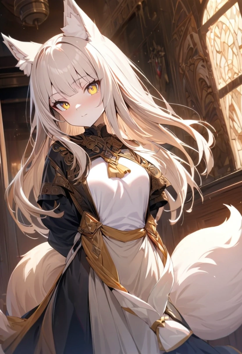 masterpiece, 8k resolution: A breathtakingly beautiful and intricately detailed work of art, showcasing a solo female with an extremely detailed face, shoulder length white hair, and two white furry wolfears with black tips. This teenage girl, with a fluffy fox tail with white fur. She confidently wears merchant clothes. Her medium-size chest, adorned with detailed yellow eyes, adds allure to her solo appearance. her tomboyish demeanor