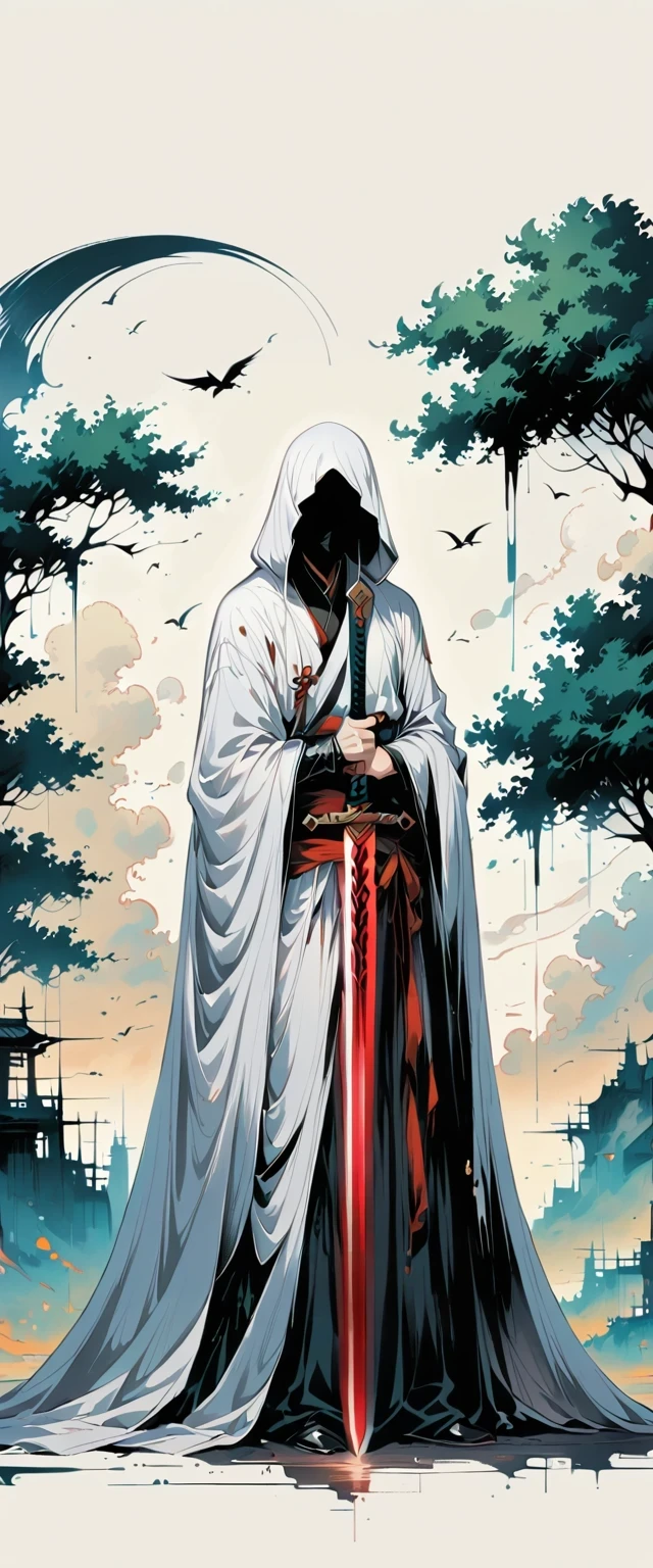 Chinese swordsman,Simple lines,Abstract Art,Holding a red long sword,