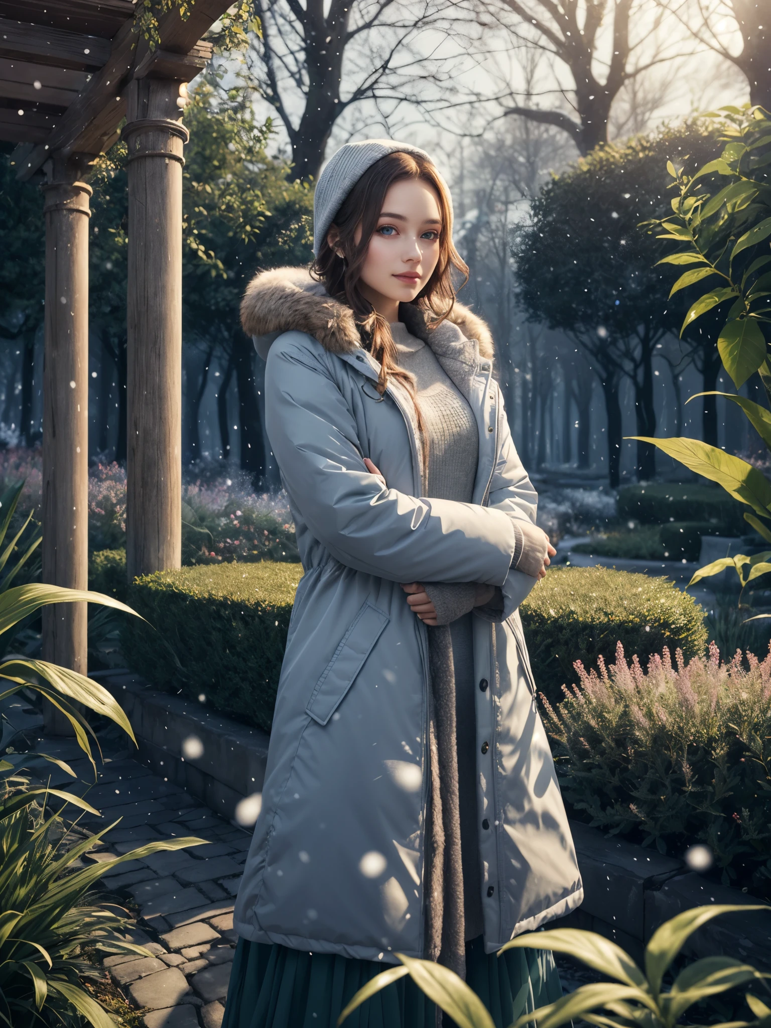 girl wearing winter parka, BREAK, 1girl, detailed fur-trimmed winter parka, looking at viewer, long shawl, snowy, cold ambience, windswept hair, flowing dress, dreamy expression, artistic, photorealistic, bokeh, vivid colors, creative lighting, romantic atmosphere, floral elements, ethereal, peaceful, (enchanted garden, lush green, fantasy world:1.2), magical ambiance, impressionist, 