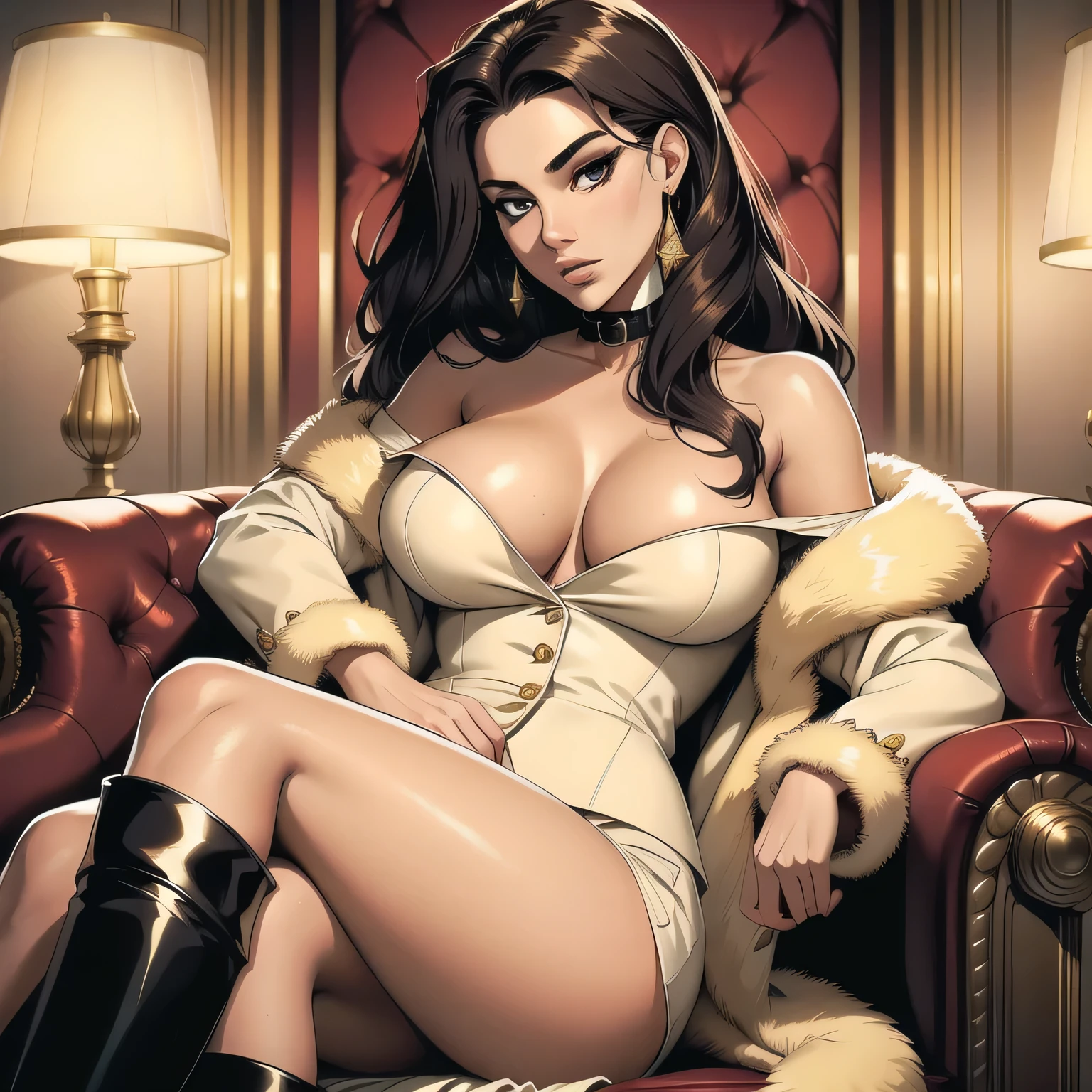 Amazing portrait of a sexy woman with a beautiful face and long wavy hair wearing an off shoulder cream blazer with a fur collar and long black boots sitting on a luxurious chair in a very intimate pose her expression are extremely lustful and her eyes are seductive