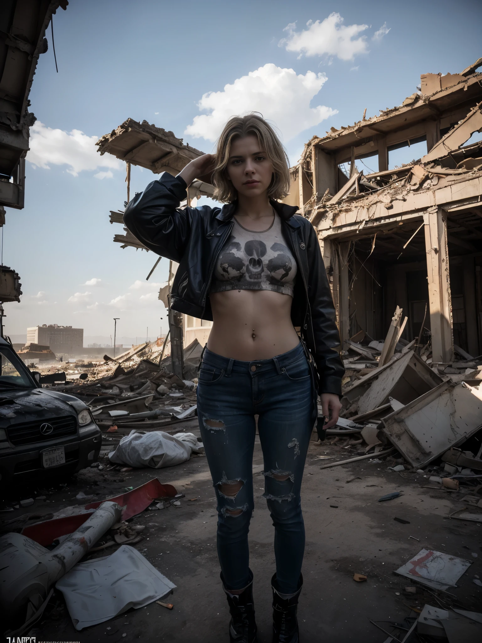 (Highest quality:1.3), cinematic shot, masterpiece, (sharp focus:1.5), (photorealistic:1.3), medium portrait of a Russian woman 76 years old, white Dirty Short Hair, dusty face, Dressed in the armor of the future, Russian flag, Against the backdrop of a desolate post-apocalypse, Ruined New York, Ruins of the Liberty Statue (ladyliberty), AR-16 rifle in hand, the wind, dust, Destroyed buildings, Skeletons of burnt cars, Oppressive atmosphere, Dirty skies, photo realism, Sharp focus, Human bones and skulls are scattered everywhere, garbage heaps,Wreckage of buildings, Fallout, Photo 3/4, Realistic Facial Skin, Dust on clothes, Oppressive atmosphere,