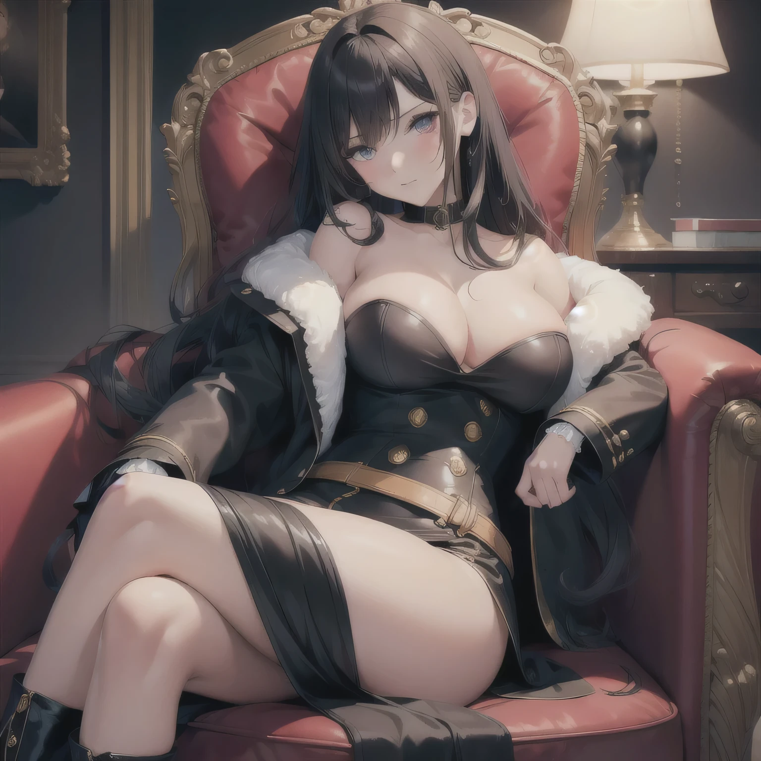 Amazing portrait of a sexy woman with a beautiful face and long wavy hair wearing an off shoulder cream blazer with a fur collar and long black boots sitting on a luxurious chair in a very intimate pose her expression are extremely lustful and her eyes are seductive 