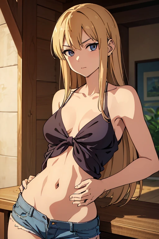 ((best quality)), ((masterpiece)), (detailed), perfect face, 25-year-old tan skinned anime girl in a deep V-neck tied top (bare shoulders), (jean shorts), (long hair), starving, (resting hands on the stomach), (hands on the stomach), (skinny girl), (looking at viewer)