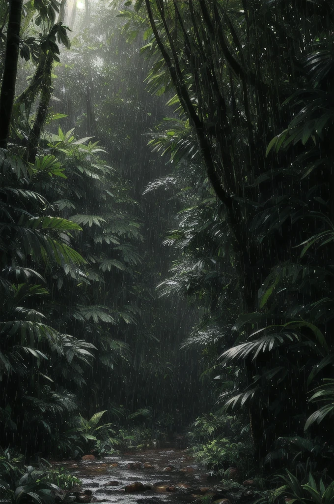 A jungle, with intense rainfall, monochromatic, vines all around, giant and wet trees, masterpiece, best quality, high quality, extremely detailed CG unity 8k wallpaper, oil paiting, award winning photography, Bokeh, Depth of Field, HDR, bloom, Chromatic Aberration ,Photorealistic,extremely detailed, trending on artstation, trending on CGsociety, Intricate, High Detail, dramatic, art by midjourney, volumetric lighting
