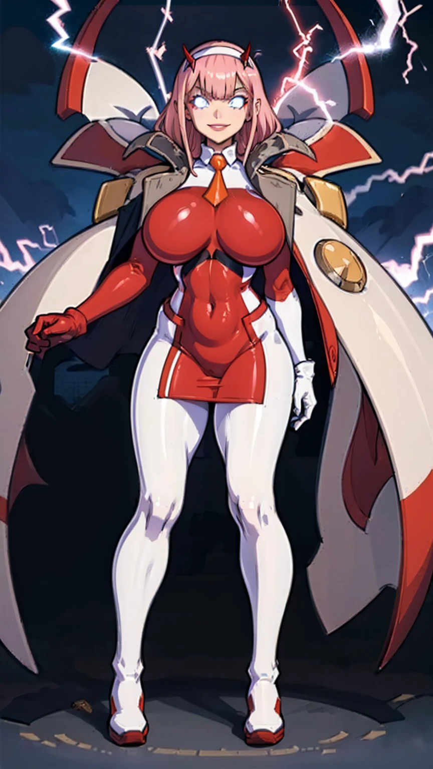 masterpiece, best quality, IncrsLowTier, electricity, glowing eyes zerotwo horns, hairband, necktie, red dress, pantyhose horns, hairband, red bodysuit, armlet, mecha horns, hairband, white bodysuit, white gloves, cap, red dress, white gloves, jacket on shoulders, pantyhose, cyber_armor body_suit,huge_breast, tall female, fulll body, sun light, smile,, sun aura,, boots, standing, smile, lips, red lips,,,{best quality}, {amazing quality} {best quality},{amazing quality},, {absurdres},{{highres}}, {very aesthetic}, {detailed}, curvy, tall, huge breast, character focus, white background,full-length portrait,, huge hips, huge muscles, huge thighs, curvaceous, venus figure,full body, full portrait