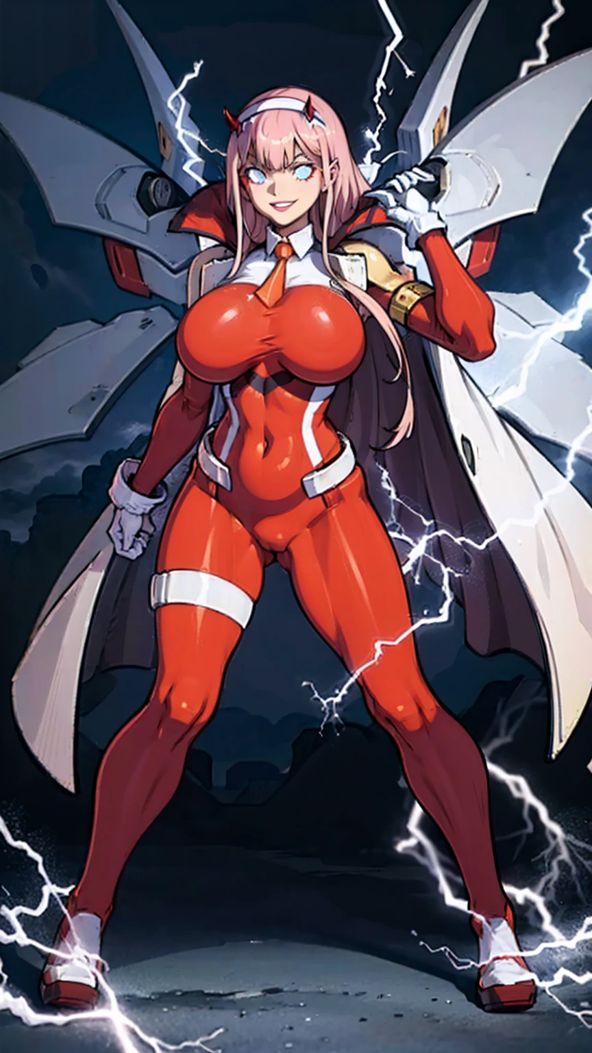 masterpiece, best quality, IncrsLowTier, electricity, glowing eyes zerotwo horns, hairband, necktie, red dress, pantyhose horns, hairband, red bodysuit, armlet, mecha horns, hairband, white bodysuit, white gloves, cap, red dress, white gloves, jacket on shoulders, pantyhose, cyber_armor body_suit,huge_breast, tall female, fulll body, sun light, smile,, sun aura,, boots, standing, smile, lips, red lips,,,{best quality}, {amazing quality} {best quality},{amazing quality},, {absurdres},{{highres}}, {very aesthetic}, {detailed}, curvy, tall, huge breast, character focus, white background,full-length portrait,, huge hips, huge muscles, huge thighs, curvaceous, venus figure,full body, full portrait