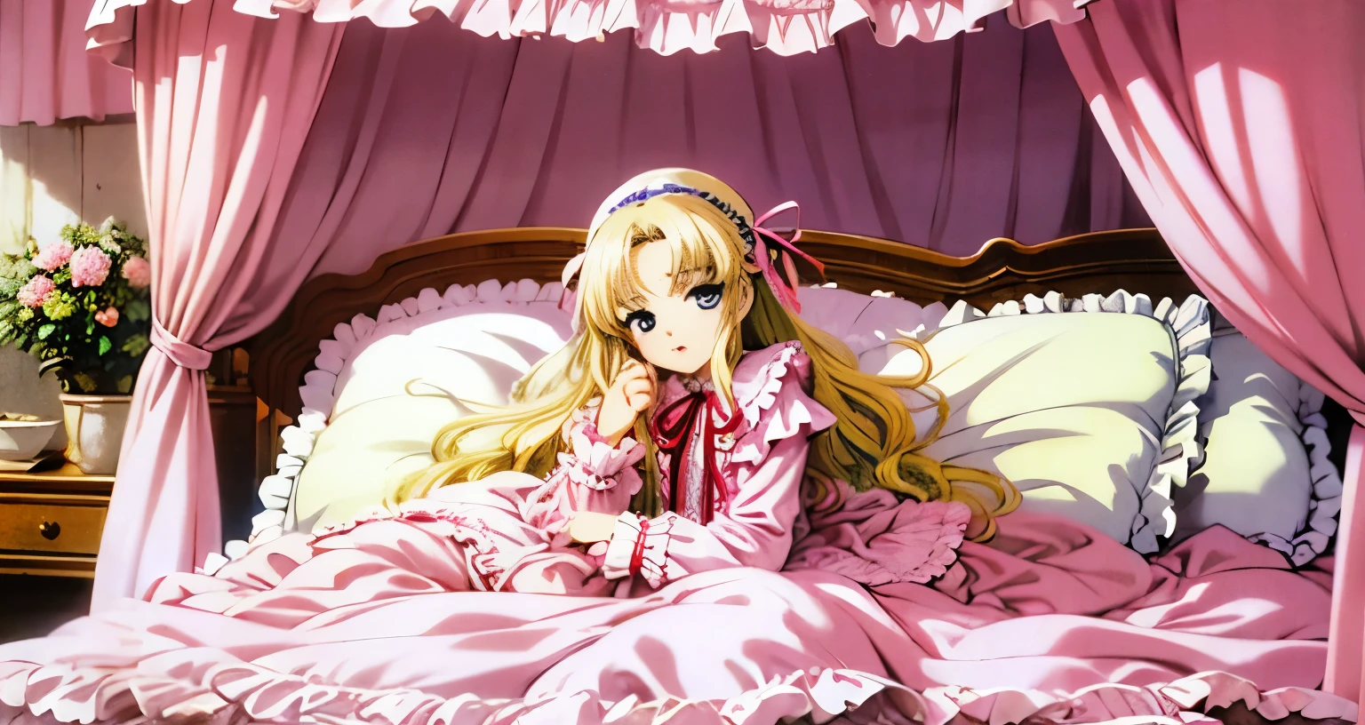 ,highest quality, masterpiece, Highest Resolution, artwork, super それにGet used to it, many Get used to it, Get used to it, それにGet used to it, 3K anime illustrations,(( 10 year old girl)),Super detailed baby face,high quality small face,long blonde hair that grows to the waist,blue eyes,白い肌のEuropean,pajamas, European,(((Super long blonde hair))),Curly Hair,blue eyes,((((ピンクのロリータファッションのLong skirtのワンピースドレス)))),((A pink nightgown with lots of frills and ribbons)),((A gorgeous headdress with frills and ribbons)),Detailed headdress,,(((Large yoke collar))),Yoke collar with ruffles and bow,((((Long sleeve)))),Ruffle sleeves,((((Long skirt)))),White ruffle and lace socks,Large frill and ribbon pillow,(((Nice pink outfit))),豪華なCanopy bedの上,Canopy bed,The bed is surrounded by luxurious curtains.,There were a lot of frilly pillows on the bed.,There are a lot of frilly pillows behind the girl.,Highly detailed background,Detailed bed,Soft pink comforter,Very fine soft frilly pillow,Beautiful girl illustration,Beautiful face in every detail,Thin Hair,Detailed eyes ,Detailed eyess,Mouth details, Arm details,Beautiful Hands,Detailed pillow,Large bed,Illustration on the bed, ,((((Round futon)))),((((A large frilly futon that covers the entire bed)))),Detailed comforter,Detailed bedシーツ,Before bedtime,Romantic atmosphere,Palace Bedroom,((((The lower half of her body is hidden under the duvet and her puffy skirt.....)))) The girl is leaning against a pile of pillows, ,((((Round futon)))),((((A large frilly futon that covers the entire bed)))),