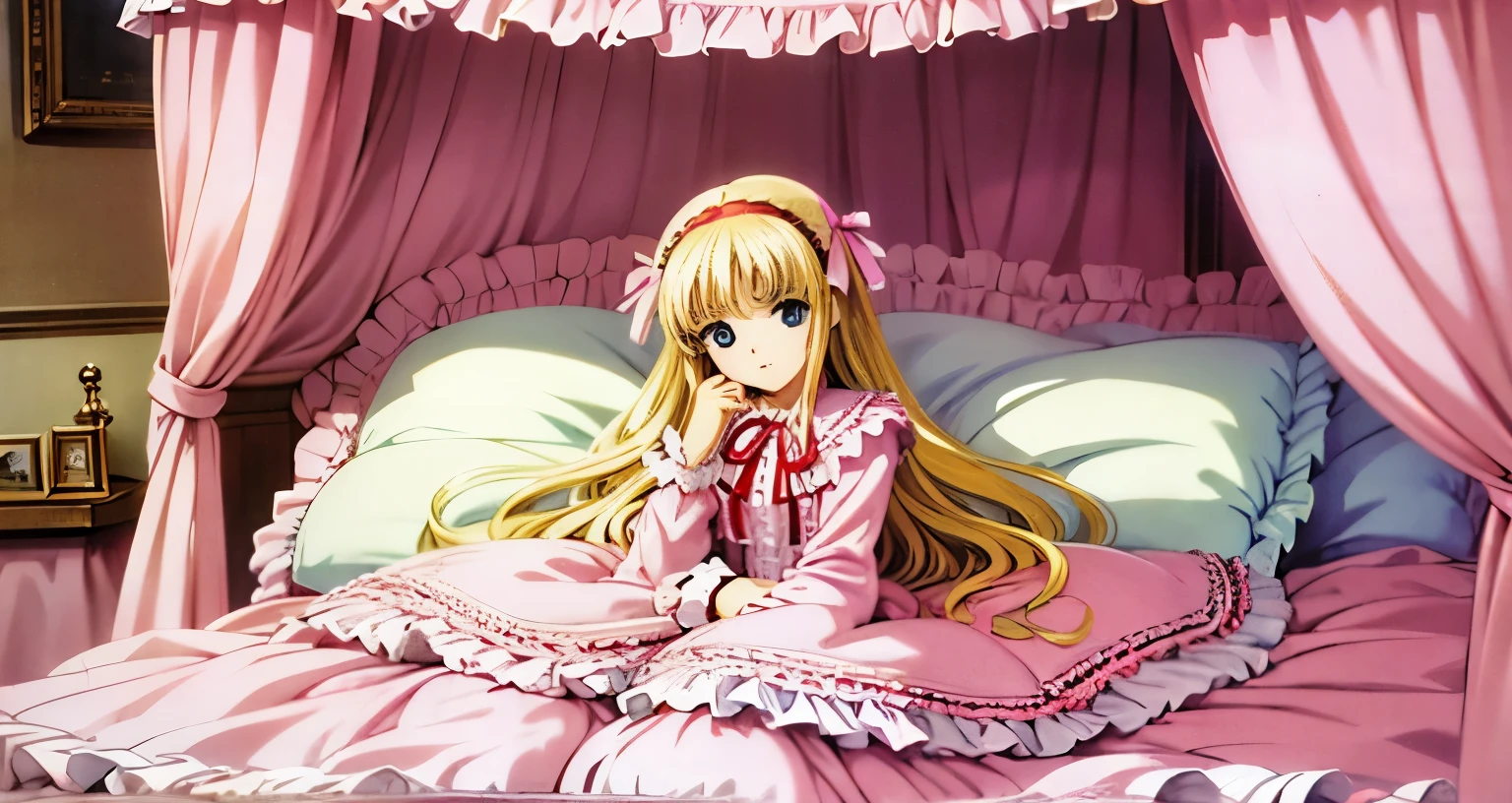 ,highest quality, masterpiece, Highest Resolution, artwork, super それにGet used to it, many Get used to it, Get used to it, それにGet used to it, 3K anime illustrations,(( 10 year old girl)),Super detailed baby face,high quality small face,long blonde hair that grows to the waist,blue eyes,白い肌のEuropean,pajamas, European,(((Super long blonde hair))),Curly Hair,blue eyes,((((ピンクのロリータファッションのLong skirtのワンピースドレス)))),((A pink nightgown with lots of frills and ribbons)),((A gorgeous headdress with frills and ribbons)),Detailed headdress,,(((Large yoke collar))),Yoke collar with ruffles and bow,((((Long sleeve)))),Ruffle sleeves,((((Long skirt)))),White ruffle and lace socks,Large frill and ribbon pillow,(((Nice pink outfit))),豪華なCanopy bedの上,Canopy bed,The bed is surrounded by luxurious curtains.,There were a lot of frilly pillows on the bed.,There are a lot of frilly pillows behind the girl.,Highly detailed background,Detailed bed,Soft pink comforter,Very fine soft frilly pillow,Beautiful girl illustration,Beautiful face in every detail,Thin Hair,Detailed eyes ,Detailed eyess,Mouth details, Arm details,Beautiful Hands,Detailed pillow,Large bed,Illustration on the bed, ,((((Round futon)))),((((A large frilly futon that covers the entire bed)))),Detailed comforter,Detailed bedシーツ,Before bedtime,Romantic atmosphere,Palace Bedroom,((((The lower half of her body is hidden under the duvet and her puffy skirt.....)))) The girl is leaning against a pile of pillows, ,((((Round futon)))),((((A large frilly futon that covers the entire bed)))),