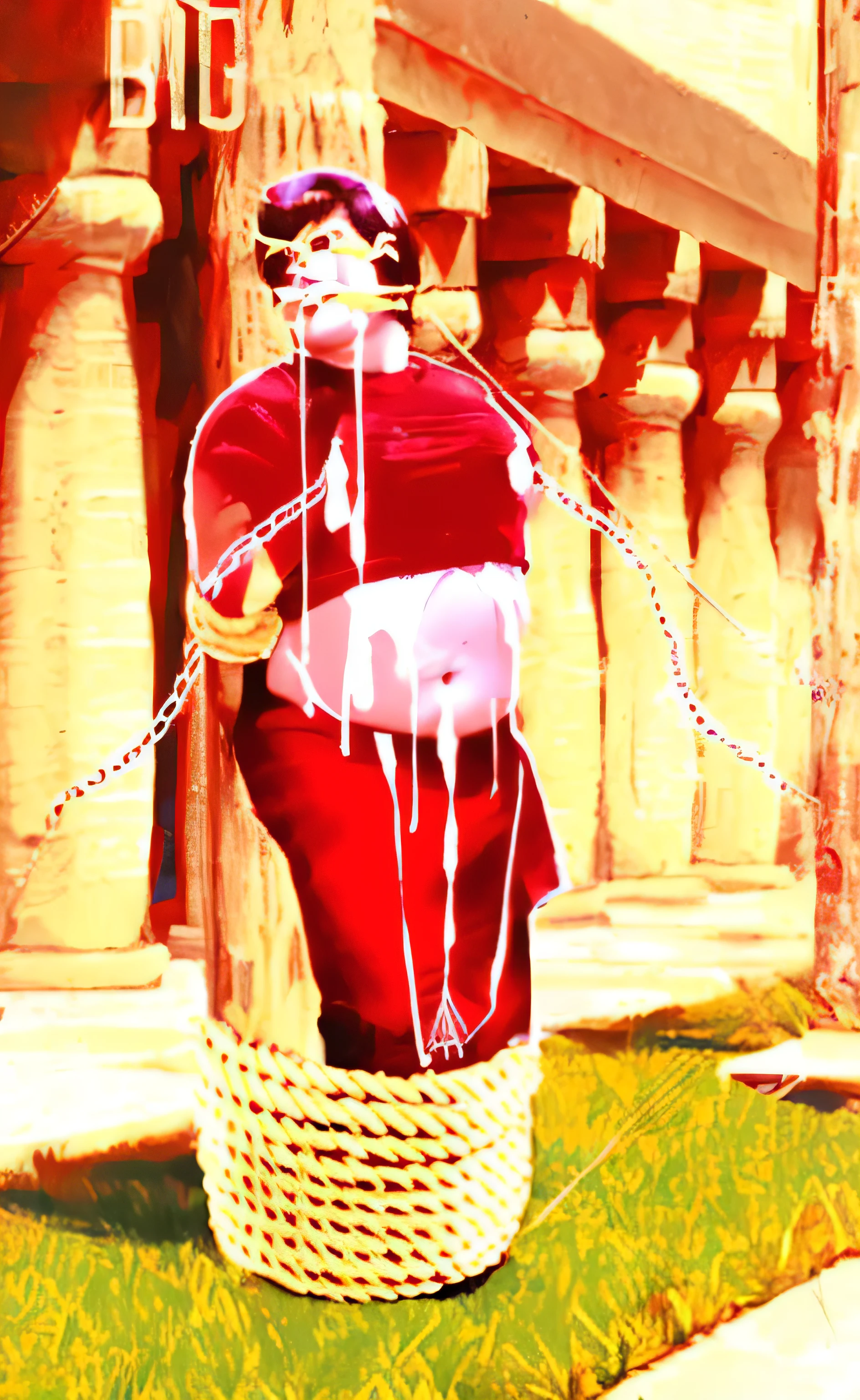 tied up Chubby man wearing a long sleeve dancer costume big navel piercing chain, green eyes, glasses, belly showing, brown short spiky hair, big eyelashes, being captured ny a raider knight, in the middle of a battle. Long skirt, crying, sweating