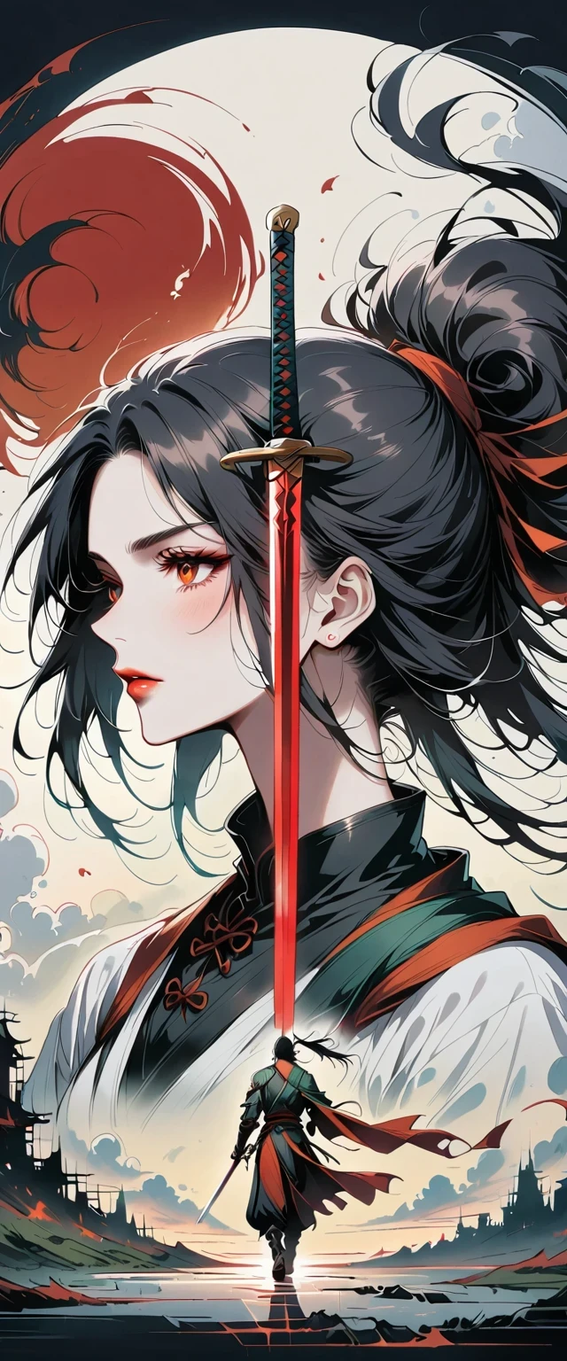 Chinese swordsman,Simple lines,Abstract Art,Holding a red long sword,