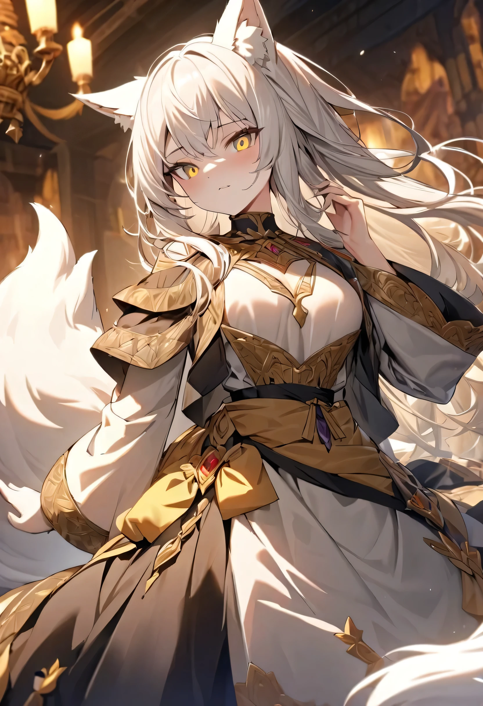 masterpiece, 8k resolution: A breathtakingly beautiful and intricately detailed work of art, showcasing a solo female with an extremely detailed face, shoulder length white hair, and two white furry wolfears with black tips. This teenage girl, with a fluffy fox tail with white fur. She confidently wears merchant clothes. Her medium-size chest, adorned with detailed yellow eyes, adds allure to her solo appearance. her tomboyish demeanor